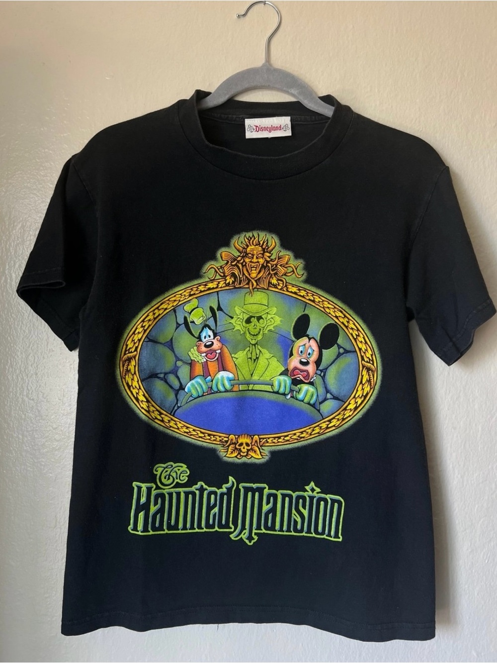 Disney Black Haunted Mansion Tee with Neon Green & Blue Graphic